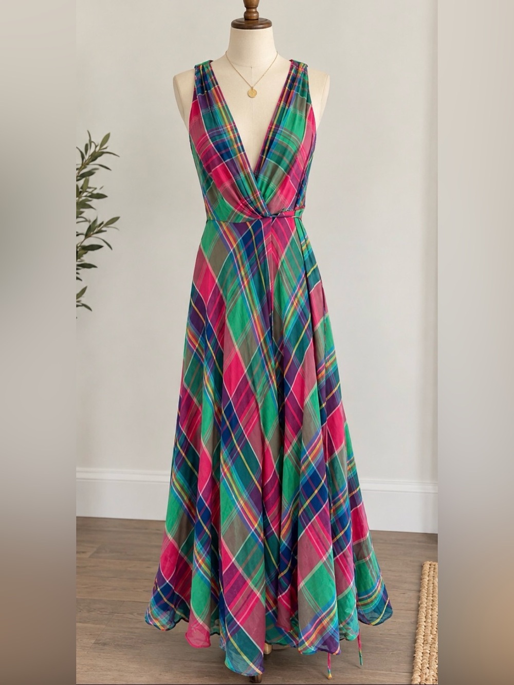 Polo by Ralph Lauren Pink & Green Plaid Wrap Maxi Dress